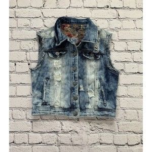 Vanilla Star Distressed Button Up Denim Vest Women’s Size M Punk Rock Y2K Style